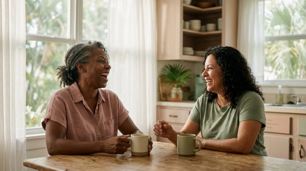 Two women talking at kitchen table