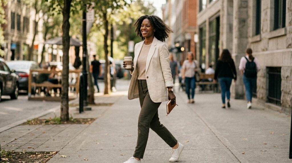 Confidant woman walking on sidewalk