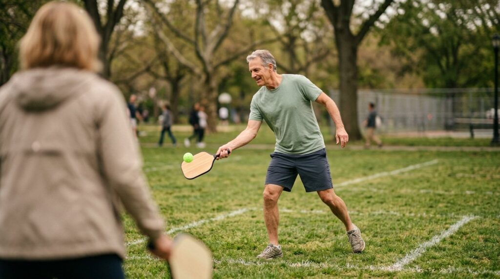 Couple playing paddleball