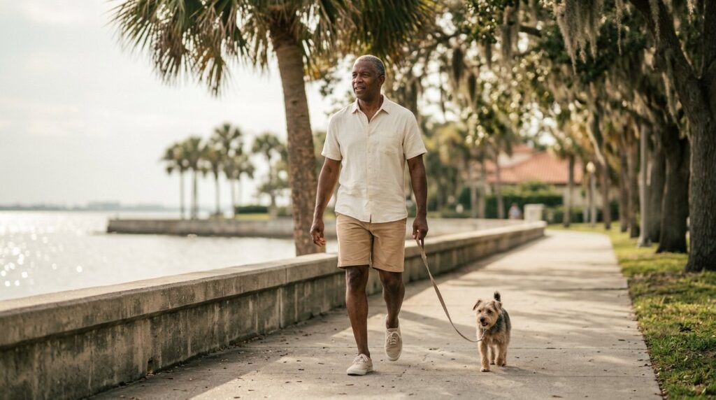 MAN WALKING DOG