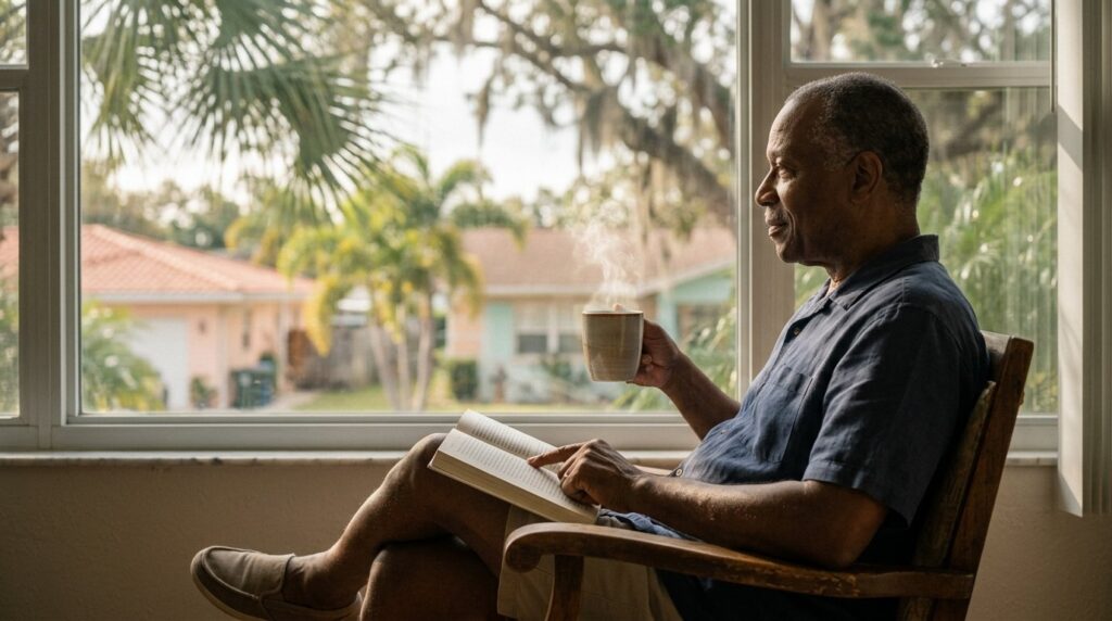 MAN DRINKING COFFEE IN CHAIR