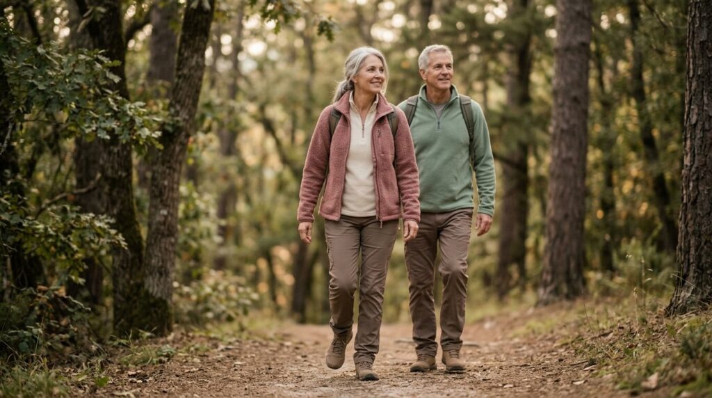 Couple walking in the woods