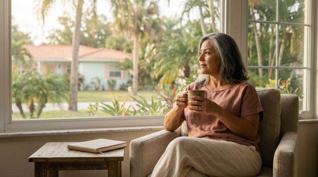 WOMEN DRINKING TEA IN FRONT OF WINDOW