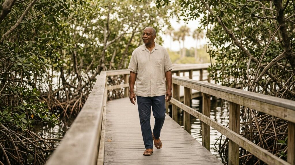 Man walking on bridge