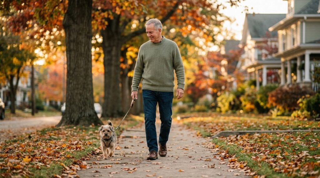 man walking dog