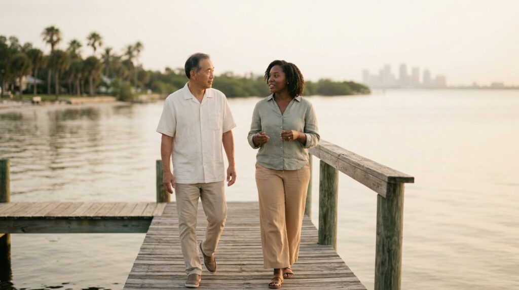 Man and woman walking on pier