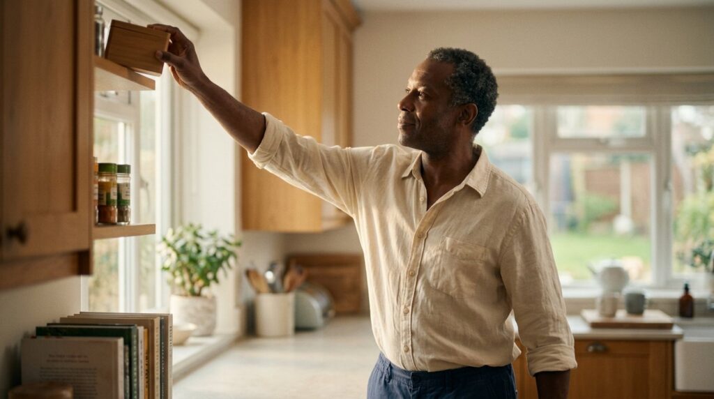 Man in Kitchen Putting Box on a shelf