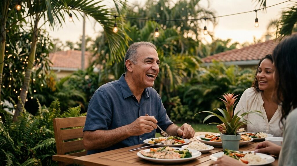 FAMILY EATING DINNER OUTSIDE