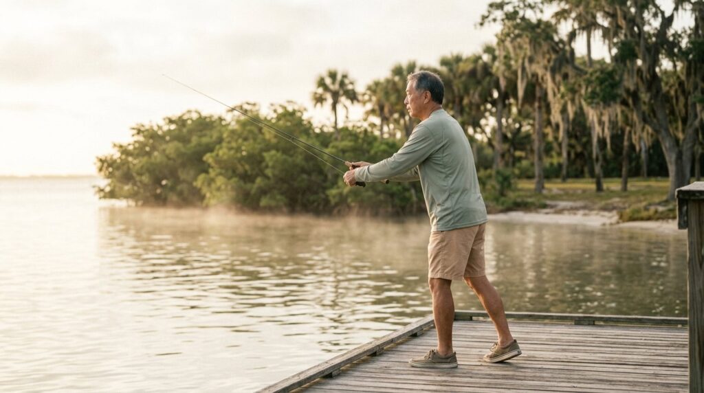Man fishing off pier
