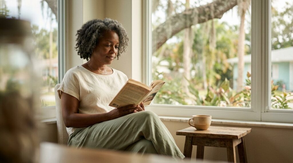 WOMAN READING BOOK AT CAFE