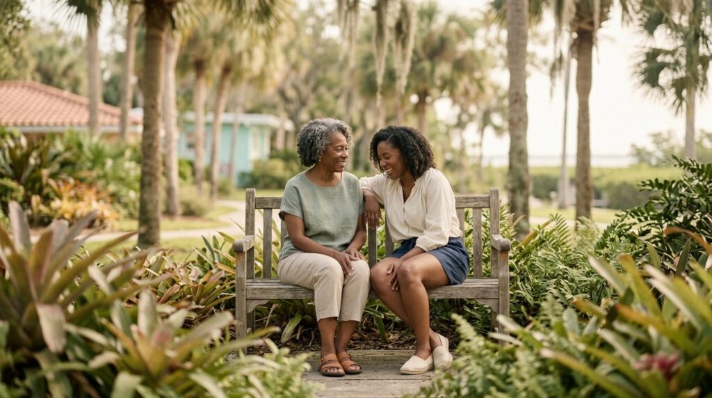 Women talking on bench